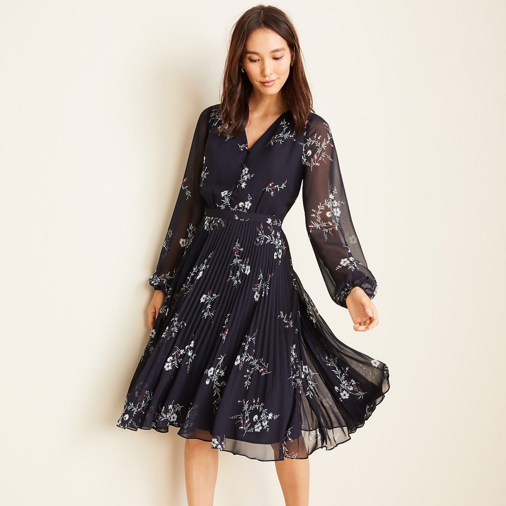 Ann Taylor Petite Floral Pleated Flare Dress, 6P